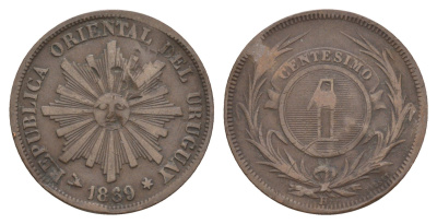 Уругвай 1 сентесимо 1869 KM 11 бронза 4629-1031
