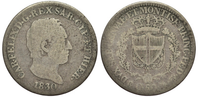 Сардиния 50 сентесимо 1830 KM 102.1 серебро 1521-1414