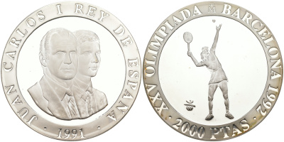 Испания 2000 песет 1991 XXV летние Олимпийские игры 1992 года в Барселоне, большой теннис KM 888 серебро PROOF 1072-8-43