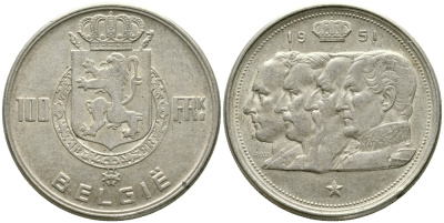 Бельгия 100 франков 1951 Belgie, королевская династия KM 139.1 серебро 1526-1321