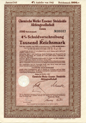 Германия 1000 рейхсмарок 1942 АО Химические заводы Эссенского каменного угля, 4 % долговое обязательство   бумага 8804-131-1