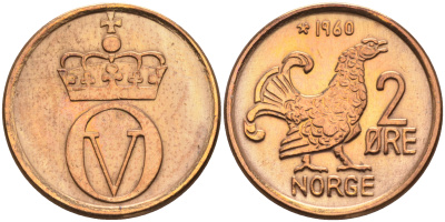 Норвегия 2 эре 1960  КМ 410 бронза    4177-335