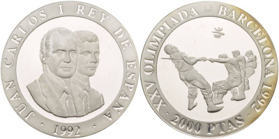 Испания 2000 песет 1992 XXV летние Олимпийские игры 1992 года в Барселоне, перетягивание каната KM 911 серебро PROOF 1088-10-54