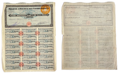 Венгрия купонный лист от облигации в 100 франков 1927 24 купона, Societ?e d'etudes des combustibles (общество изучения топлива) бумага 48-25-1-1