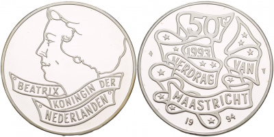 Нидерланды 50 гульденов 1994 Маастрихтский договор KM 217 серебро PROOF 1088-7-41