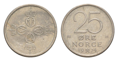 Норвегия 25 эре 1974 Улаф V (1957-1991) KM 417 медно-никель 4632-1247