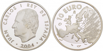 Испания 10 евро 2004 M, расширение Евросоюза, карта Европы KM 1099 серебро PROOF 11-163-33