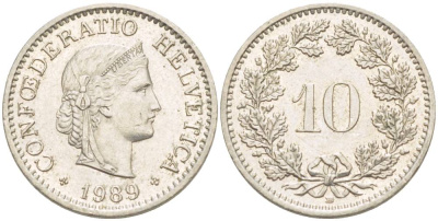 ШВЕЙЦАРИЯ 10 РАППЕНОВ 1989 В KM 27 медно-никель 4529-752