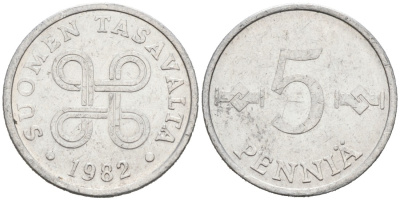 ФИНЛЯНДИЯ 5 ПЕННИ 1982 KM 45а алюминий 192-1226