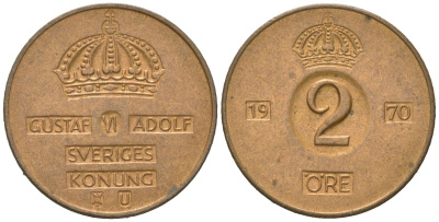 Швеция 2 эре 1970 U, Густав VI Адольф (1950-1973) KM 821 бронза 4618-244