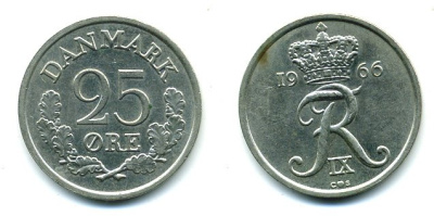 ДАНИЯ 25 ЭРЕ 1966 KM 850 медно-никель 04-925