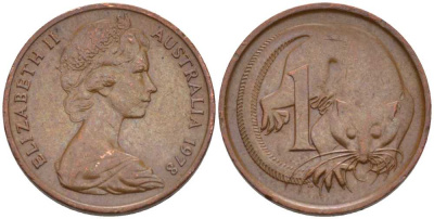 АВСТРАЛИЯ 1 ЦЕНТ 1978 ЕЛИЗАВЕТА II, МОЛОДОЙ ПОРТРЕТ, ОПОССУМ KM 62 бронза 100-838