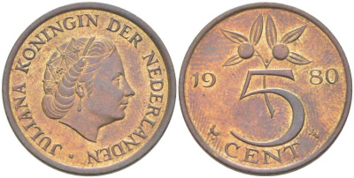 Нидерланды 5 центов 1980 Юлиана (1948-1980) KM 181 бронза 213-1156
