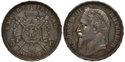 Франция 5 франков 1869 А, Наполеон III (1852-1870) KM 799.1, Gadoury 739 серебро 413-2935
