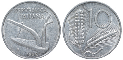 Италия 10 лир 1954 R, колосья KM 93 алюминий 4543-353