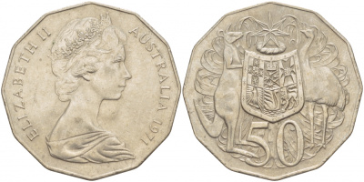 Австралия 50 центов 1971 Елизавета II (1952-2022), герб Австралии, кенгуру KM 68 медно-никель UNC 111-211