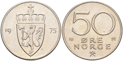 Норвегия 50 эре 1975 Улаф V (1957-1991) KM 418 медно-никель UNC 4582-726