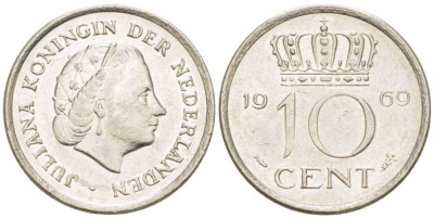 Нидерланды 10 центов 1969 Юлиана (1948-1980) KM 182 никель 214-1242