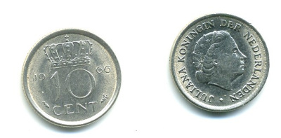 НИДЕРЛАНДЫ 10 ЦЕНТОВ 1966 ЮЛИАНА KM 182 никель 76-339
