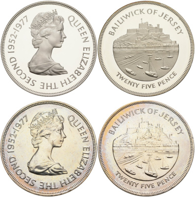 Джерси набор из 2 монет по 25 пенсов 1977 25 лет правления Елизаветы II, в буклете KM 44, 44а серебро, медно-никель PROOF, UNC 3-6-3-26