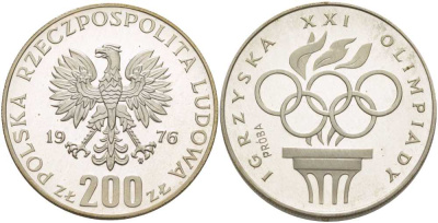 Польша 200 злотых 1976 MW, XXI олимпийские игры 1976 года в Монреале, олимпийский огонь и кольца, PROBE, пробный выпуск, тираж 6048 экз., в оригинальной пластиковой коробке KM Pr285 серебро PROOF 5-3-1-164