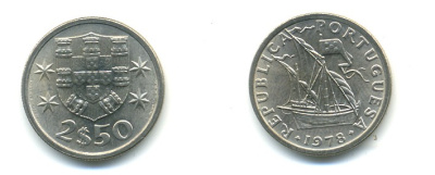 ПОРТУГАЛИЯ 2,5 ЭСКУДО 1978 ПАРУСНИК KM 590 медно-никель 176-142