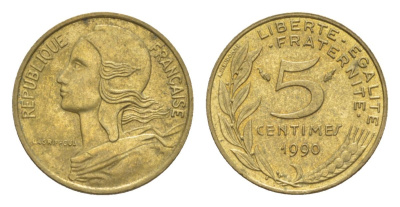 Франция 5 сантимов 1990 тип Morlon KM 933, Le Franc 125.26 алюминиевая бронза 4630-345