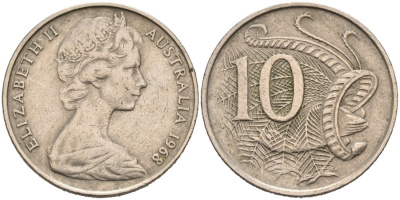 Австралия 10 центов 1968 Елизавета II (1952-), птица лирахвост KM 65 медно-никель 190-823