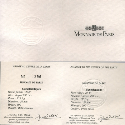 Франция 20 евро 2006 Жюль Верн Путешествие к центру земли 155 гр. серебро PROOF 00-000-00