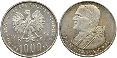 Польша 1000 злотых 1982 MW, визит папы Иоанна Павла II в Польшу KM 144, Parchimowicz 337a серебро UNC 441-1311