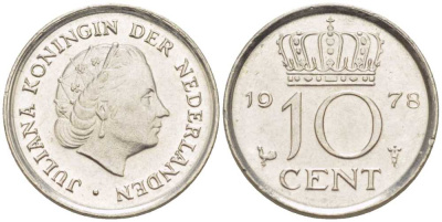 Нидерланды 10 центов 1978 Юлиана (1948-1980) КМ 182 никель 211-1241