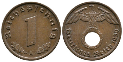 Германия 1 рейхспфенниг 1939 A KM 89, J. 361 бронза    220-351