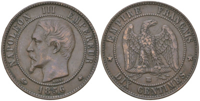 Франция 10 сантимов 1856 BB, Наполеон III (1852-1870) KM 771.3 бронза 4616-444