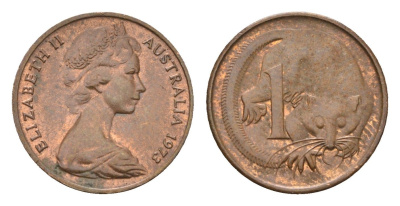 Австралия 1 цент 1973 Елизавета II (1952-2022), молодой портрет, опоссум KM 62 бронза UNC 4669-1161