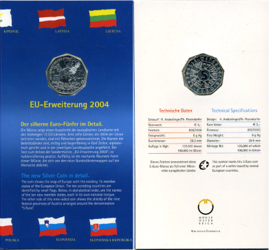 Австрия 5 евро 2004 расширение евросоюза, в оригинальном буклете KM 3122 серебро UNC 1-5-2-14