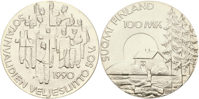 Финляндия 100 марок 1990 50 лет ассоциации ветеранов войны KM 67 серебро UNC 1066-4-32