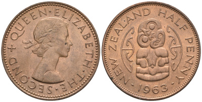 Новая Зеландия 1/2 пенни 1963 Елизавета II (1952-2022), божество Хей-Тики KM 23.2 бронза  aUNC  4176-114