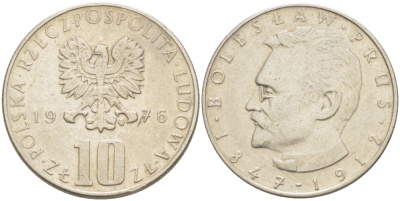 ПОЛЬША 10 ЗЛОТЫХ 1976 MW, БОЛЕСЛАВ ПРУС KM 73 медно-никель 213-817