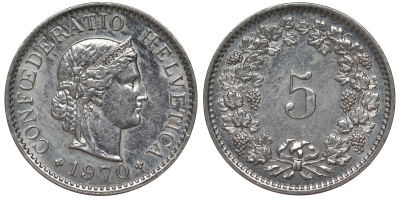 Швейцария 5 раппенов 1970 KM 26 медно-никель 4124-534