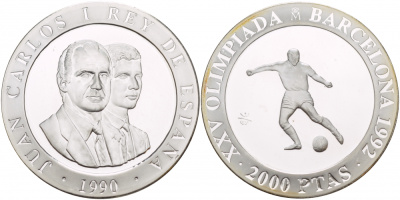 Испания 2000 песет 1990 XXV летние Олимпийские игры 1992 года в Барселоне, футбол KM 862 серебро PROOF 1088-4-11