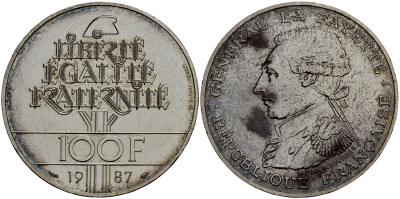 Франция 100 франков 1987 230 лет со дня рождения генерала Лафайета, пифорт, вес 30 гр. KM P991a серебро PROOF 633-1112