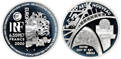 Франция 1 евро = 6,55957 франков 2000 стиль арт-нуво в архитектуре (XIX-XX веков) в оригинальной коробке, с сертификатом KM 1227 серебро PROOF 4-3-2-13
