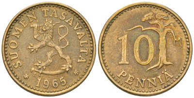 Финляндия 10 пенни 1965 S KM 46 алюминиевая бронза 4174-914