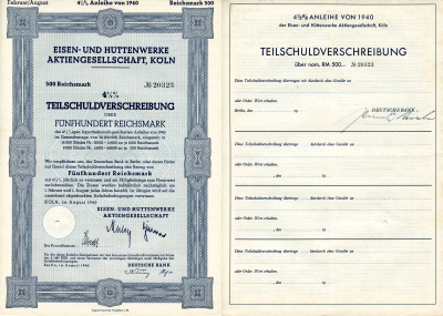Германия 500 рейхсмарок 1940 АО металлургических и металлургических заводов, Кельн, 4-1/2% частичное обязательство, облигация   бумага  8801-91-1