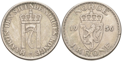Норвегия 1 крона 1956 Хокон VII (1905-1957) KM 397 медно-никель 4398-217