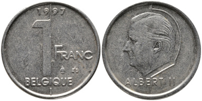 БЕЛЬГИЯ 1 ФРАНК 1997 BELGIQUE, АЛЬБЕРТ II (1993-) KM 187 железо плакированное никелем 99-1229