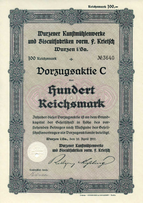 Германия 100 рейхсмарок 1931 Художественные фабрики Вюрцена и бисквитные фабрики, в частности, им. Ф. Критча, им. Вюрцена и др., фиолетовая, акция   бумага  8801-40-1