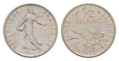 Франция 1/2 франка 1966 KM 931 никель 4174-844