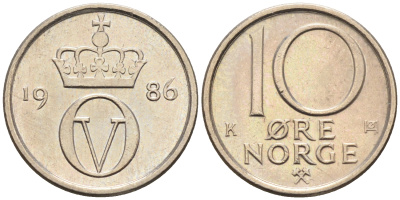 Норвегия 10 эре 1986  КМ 416 медно-никель    4169-332