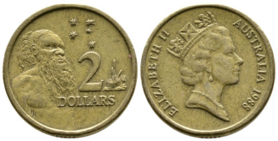 Австралия 2 доллара 1988 абориген, Елизавета II (1953-) KM 101 алюминиевая бронза 25-1227